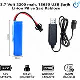 Mete BMS Korumalı 3.7 Volt 2200 Mah 18650 Li-Ion Şarj Edilebilir Uzaktan Kumandalı Araç Pili ve Şarj Kablosu Siyah 2 Pin Soketli Oyuncak Araba Pili