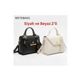 METEBAGS Siyah ve Beyaz 2'li Suni Deri Fular Detaylı Omuz& El Çantası