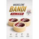 METFİX (3 ADET) 24 mm x 25 Metre Maskeleme Bandı İz Bırakmayan Dekoratif Kağıt Boya Bandı Güçlü Yapışkanlı