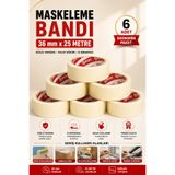 METFİX (6 ADET) 36 mm x 25 Metre Maskeleme Bandı İz Bırakmayan Dekoratif Kağıt Boya Bandı | Güçlü Yapışkanlı