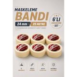 METFİX (6 ADET) Maskeleme Bandı 24 mm x 25 Metre | İz Bırakmayan Dekoratif Kağıt Boya Bandı | Güçlü Yapışkanlı