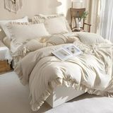 Metinev Krem Renk Fırfırlı Pamuk Saten Nevresim Takımı – – Cilt Dostu - 220 x 240 cm