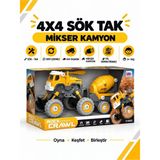 Metito Toys 4x4 Geri Çek-Bırak Beton Mikserli Kamyon DIY Oyuncak Seti, 25+ Sök-Tak Parça
