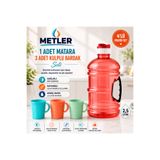 Metler Kulplu Renkli Küçük Damacana 2,5 Lt Kırmızı Matara + 3'lü Kulplu Renkli Bardak Seti
