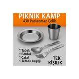 Metler Paslanmaz Çelik Kamp Piknik Seti 1 Kişilik| Tabak,Çatal,Kaşık,Bardak Seti | 430 Kalite Çelik
