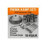 Metler Paslanmaz Çelik Kamp Piknik Seti 40 Parça| Tabak,Çatal,Kaşık,Bardak Seti | 430 Kalite Çelik