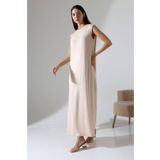 MetuCA Kadın Bej Oversize Sıfır Kol Bisiklet Yaka Basic Günlük Uzun Içlik Tunik Viscon Kumaş