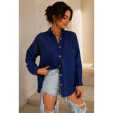 MetuCA Kadın Lacivert Pamuklu Keten Çift Cepli Ahşap Düğme Pinterest Oversize Gömlek