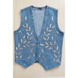 MetuCA Kadın Mavi Boncuk İşlemeli Jean Yelek Pamuklu V Yaka Denim