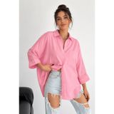 MetuCA Kadın Pembe Pamuklu Oversize Fakir Kol Gömlek Geniş Kalıp Salaş Bluz