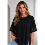 MetuCA Kadın Siyah Güpür Dantel Detaylı Asimetrik Pamuk Modal Bluz T-Shirt