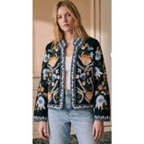MetuCa Kadın Siyah Renkli Çiçek Nakış Işlemeli Yakasız Mevsimlik Denim Pinterest Ceket