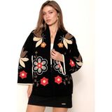 MetuCA Kadın Siyah Renkli Çiçek Nakışlı Biyeli Kimono Kol Kaşe Kumaş Kısa Kaban Ceket