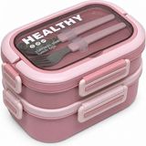 Meturas 1650 ml 2 Katlı 3 Bölmeli Paslanmaz Çelik Yemek Kabı, Çatal Kaşıklı Lunch Box Beslenme Çantası - Pembe