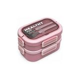 Meturas 1650 ml 2 Katlı 3 Bölmeli Paslanmaz Çelik Yemek Kabı, Çatal Kaşıklı Lunch Box Beslenme Çantası - Pembe