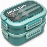 Meturas 1650 ml 2 Katlı 3 Bölmeli Paslanmaz Çelik Yemek Kabı, Çatal Kaşıklı Lunch Box Beslenme Çantası - Yeşil
