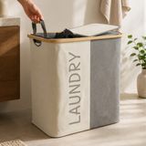 Meturas 2 Bölmeli Çift Kapaklı Jüt Kumaş Çamaşır Sepeti 60X55 cm Su Itici Kolay Silinebilir Kirli Sepeti Organizer - 60 x 55 cm - Bej - Gri