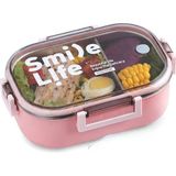 Meturas 980 ml 2 Bölmeli SUS304 Paslanmaz Çelik Bento Yemek Kabı ve Beslenme Kutusu, Kilitli Şeffaf Kapaklı, Okul Ofis Piknik Kamp ve Seyahat Için Taşınabilir Tek Katlı Lunch Box - Pembe