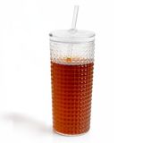 Meturas Desenli Borosilikat Pipetli Cam Bardak, 550 ml, Kapaklı ve Pipetli, Soğuk İçecekler İçin Kupa Mug