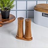 Meturas Doğal Akasya Ahşap Tuzluk ve Karabiberlik Seti - Ergonomik Tasarım ve Stand Dahil (15 cm)