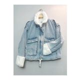 Mevalina Kadın Beyaz Kürklü Denim Kot Ceket Mont