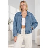 Mevese Kadın Fermuarlı Kemerli Oversize Denim Ceket - Beli Kemer Detaylı Kot Ceket - Mavi
