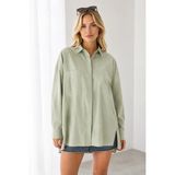 Mevese Menri Kadın Oversize Pensli Cepli Poplin Gömlek - Yeşil - XL