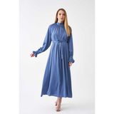 Mevra Kolu Fırfırlı Abiye Elbise Indigo - 00404 Mavi - 40 - 42