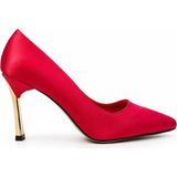 Mey Ayakkabı Kırmızı Saten Gold Topuklu Klasik Stiletto Ayakkabı M2060