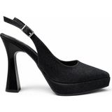 Mey Ayakkabı Siyah Dokulu Kumaş Yüksek Platform Kalın Topuklu Slingback Ayakkabı M2050