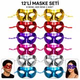 Mey İthalat® 12'Li Metalik Venedik Toptan Parti Maskesi Seti – 6 Renk Karışık
