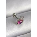 Mey İthalat® 316L Çelik Gümüş Renk Pembe Mineli Kalp Zirkon Taş Detaylı Taç Tragus Piercing