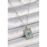 Mey İthalat® 316L Çelik Gümüş Renk Zirkon Taşlı Göz İşleme Detaylı Plaka Model Kadın Kolye