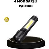Mey Ithalat® 4 Mod Şarjlı Işıldak | Ultra Güçlü Cree LED | Su Geçirmez Alüminyum Gövde
