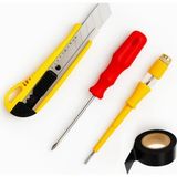 Mey İthalat 4’lü Profesyonel El Aletleri Seti, Dayanıklı Sarı Maket Bıçağı (Kesici), Elektrikçi Kontrol Kalemi (Tester Kalem), Siyah Pvc Elektrik Bandı (Izole Bant), Kablo Onarımı, Elektrik Tamiri.