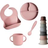 Mey İthalat 5'li Set Silikon Mama Önlüğü, Kulplu Bardak, Vakumlu Tabak, Mama Kaşığı ve Kule Aktivite Oyuncağı Pembe - Çok Renkli - Standart