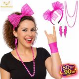 Mey İthalat® 80’Ler 90’Lar Neon Pembe Parti Seti – Kolye Küpe Taç