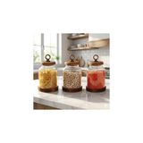 Mey İthalat Amberhaus 3'lü Ring Serisi Akasya Kapaklı ve Tabanlı Borosilikat Cam Kavanoz Seti - 1100 ml Vakumlu Bakliyat ve Kurabiye Saklama Kabı (20X11.5 Cm)