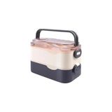 Mey İthalat Bento 1350 ml 2 Katlı 3 Bölmeli Sosluklu Çelik Sefer Tası Yemek Kutusu Çatal Kaşık Hediyeli Lacivert - Çok Renkli