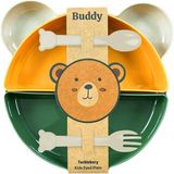 Mey İthalat Buddy Mama Tabağı Seti, 1 Ayıcık Tabak 4 Kase Çatal-Kaşık, Bebek ve Çocuklar Için Yemek Takımı, Bpa Içermez, Bej Sarı Yeşil