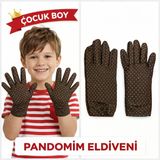 Mey İthalat® Çocuk Boy Pandomim Eldiveni Beyaz Puantiyeli Kahve Renk Gösteri Eldiveni 23 Nisan 19 Mayıs