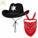 Mey İthalat® Çocuk Kovboy Şapka Rozetli Siyah & Kırmızı Bandana Seti