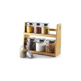 Mey İthalat Deconox 8 Parça Borosilikat Cam Baharatlık Seti (700 Ml) - Paslanmaz Çelik Kapaklı ve Bambu Kapak Sçenekli 2 Katlı Bambu Standlı Tezgah Üstü Erzak Kabı ve Mutfak Düzenleyici Organizer (Bambu Kapak)
