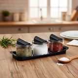 Mey İthalat Deconox Favori 3'lü Lüks Baharatlık Seti - Kaşıklı ve Özel Standlı Tezgah Üstü Tuzluk, Karabiberlik ve Baharat Seti | Şeffaf ve Şık Tasarım (26CM x 9cm x 8 Cm)