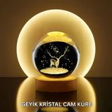 Mey İthalat® Doğal Ahşap Standlı Geyik Figürlü Kristal Küre Led Dekoratif Lamba