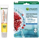 Mey İthalat Garnier C Vitamini Parlak Günlük Uv Korumalı Güneş Yüz Kremi SPF50 Işıltılı Doku 40ML & Nem Bombası Canlandırıcı Kağıt Maske Cilt Bakım Seti