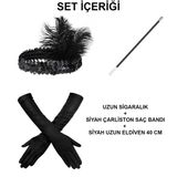 Mey İthalat® Gatsby Aksesuar Seti – Siyah Charleston Saç Bandı, Uzun Eldiven & Sigaralık