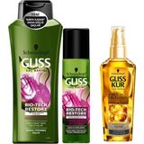 Mey İthalat Gliss Bio-Tech Restore Güçlendirici Saç Bakım Seti, Şampuan 525 Ml, Sıvı Krem 200 Ml, Serum 75 ml