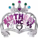Mey İthalat® Gümüş Renk Taç Üzeri Pembe Birthday Prenses Yazılı Çocuk Parti Tacı 11X12cm