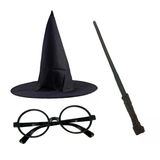 Mey İthalat® Harry Potter Siyah Şapkası Harry Potter Gözlüğü Harry Potter Asası 3 Lü Set